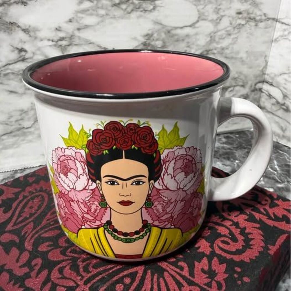 Frida Kahlo Ceramic Camper Coffee Mug - Pink Interior - Like New
